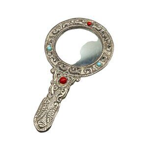 Vintage Silver Tone Jeweled Hand Mirror with Ornate Handle & Red Blue Accents